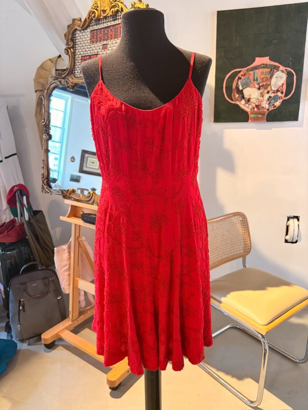 Carmen Marc Valvo Y2K 90s Cocktail Dress, 100% Silk, Beading, Sz 8